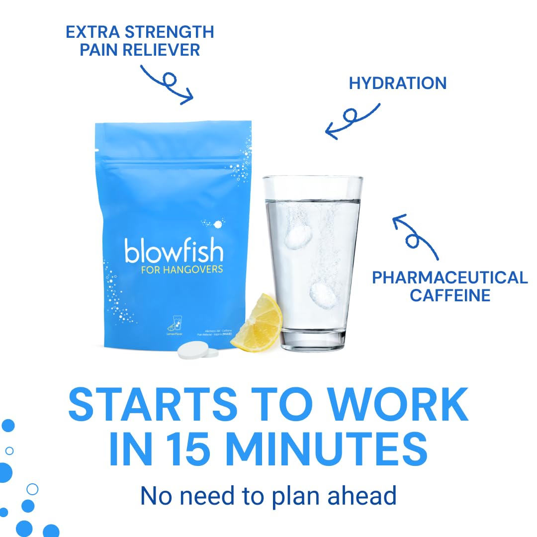 Blowfish hangover recovery tablets dissolving in a glass of water with intense fizzing action