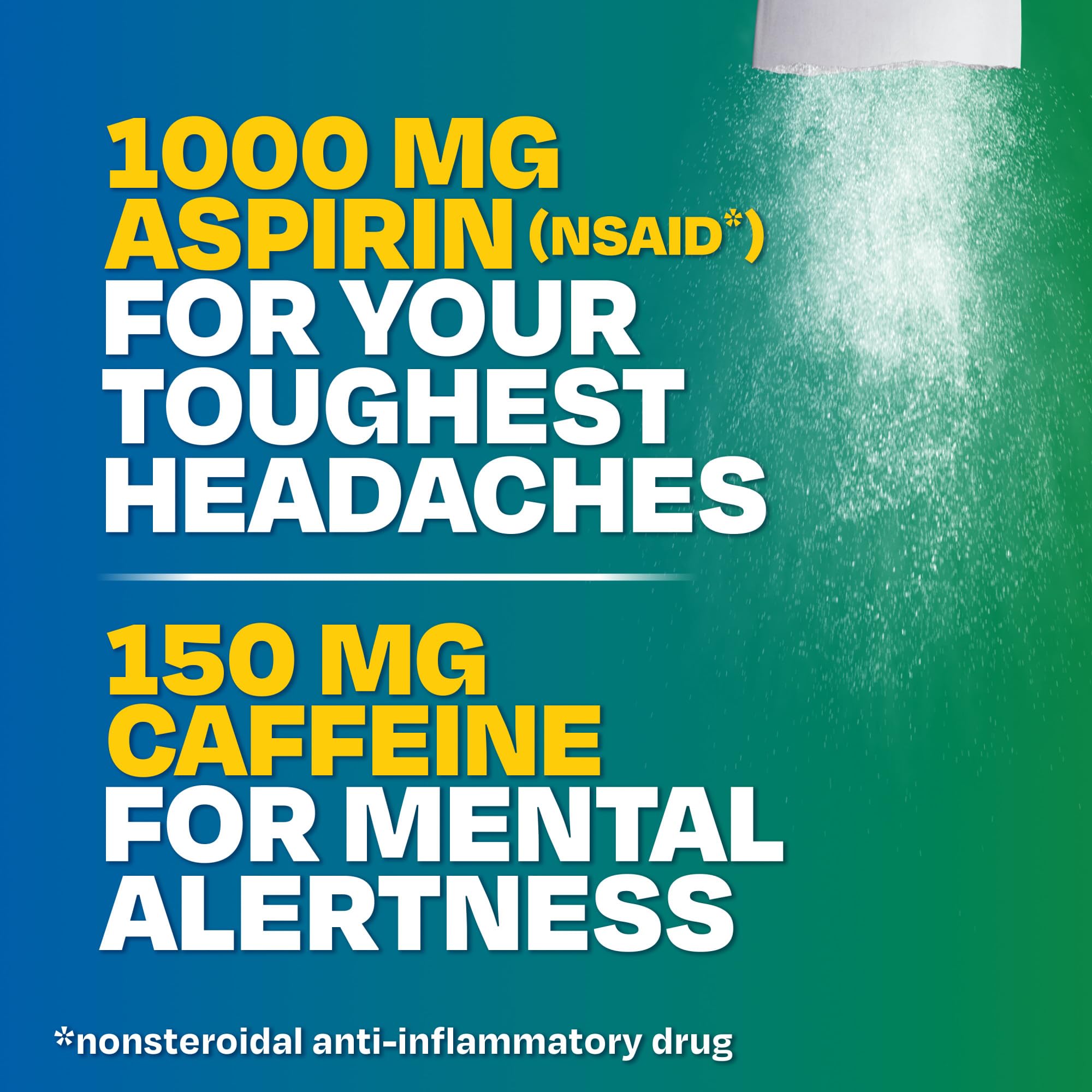 Back packaging of Goodyâ€™s plus mental alertness formula with aspirin and high caffeine content details