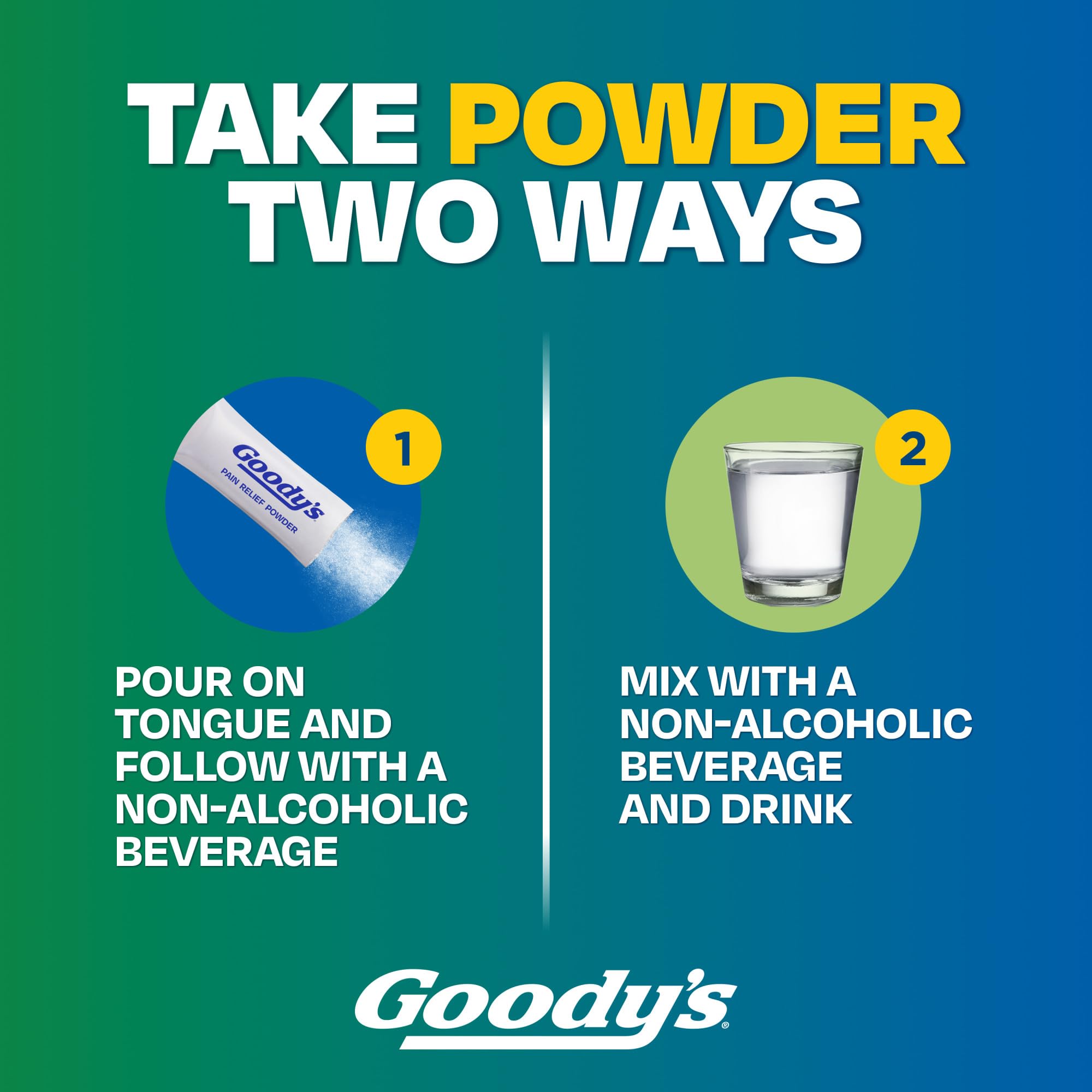Side angle of Goodyâ€™s imported hangover relief and tension headache powder stick packs