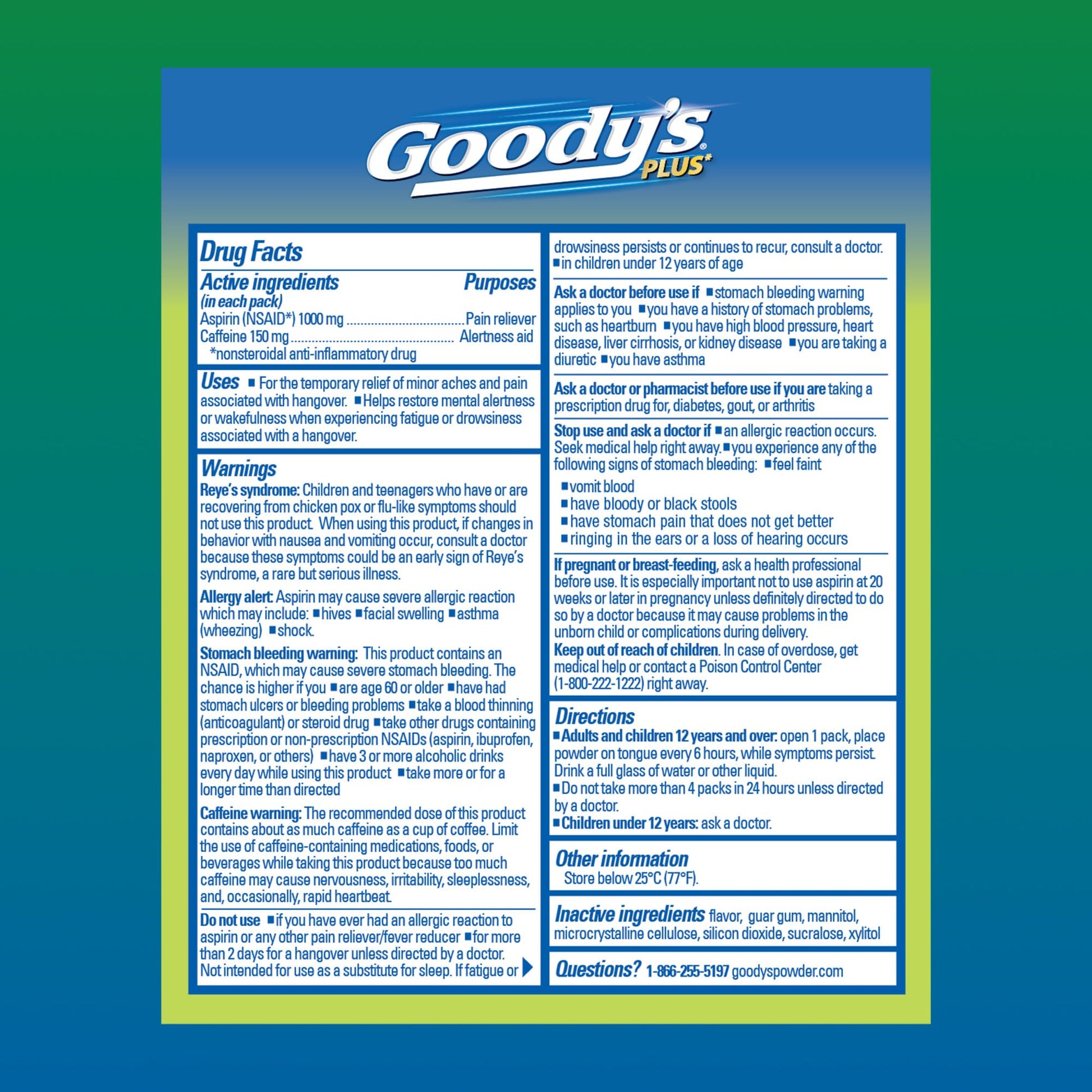 Goodyâ€™s 1000 mg aspirin and 150 mg caffeine powder sticks display for rapid mental focus