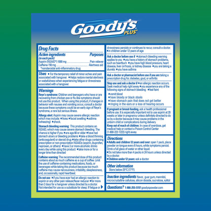 Goodyâ€™s 1000 mg aspirin and 150 mg caffeine powder sticks display for rapid mental focus