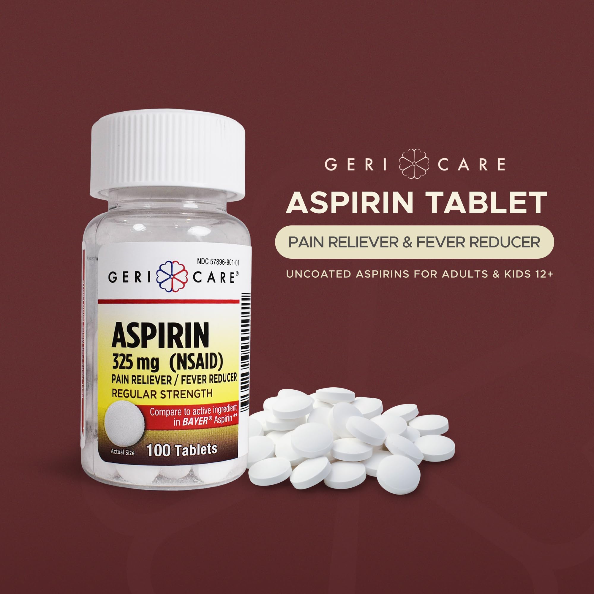 GeriCare regular strength aspirin uncoated tablets drug facts and warnings label