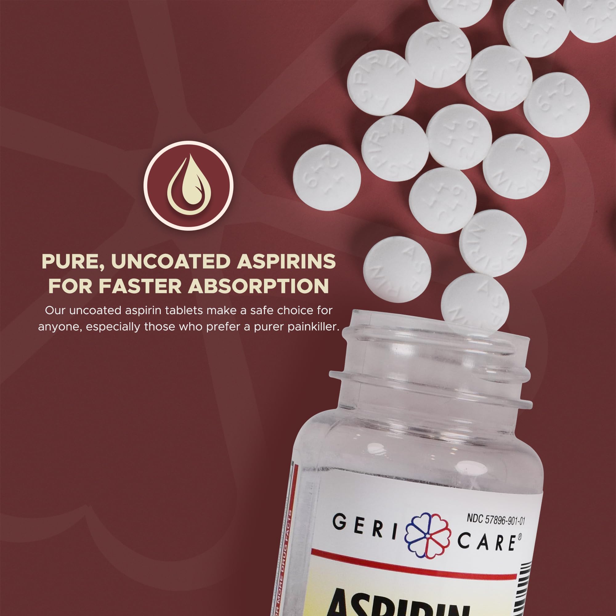 USA imported GeriCare 325mg aspirin 100 count bottle side angle showing directions