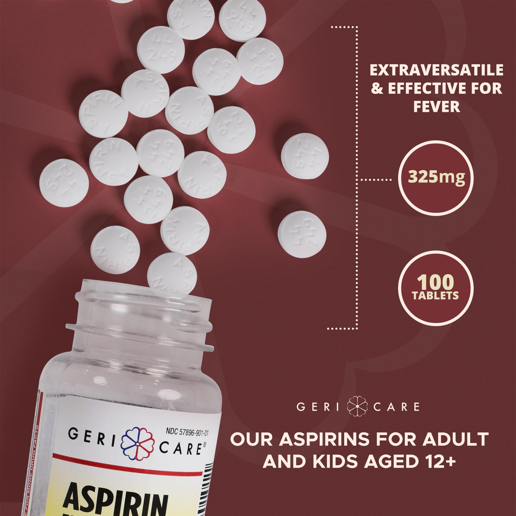 Authentic GeriCare aspirin tablets 100 count for headache and fever reducer