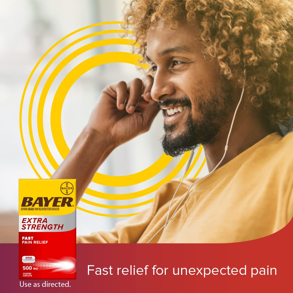 Bayer 500mg extra strength pain reliever caplets packaging showing drug facts and dosage