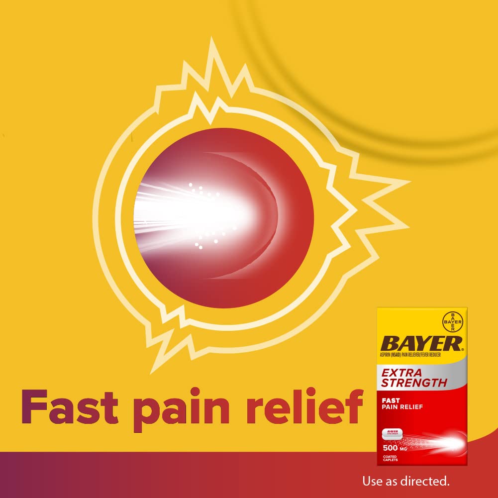 Imported Bayer USA aspirin 100 coated caplets bottle displaying fever reducer benefits