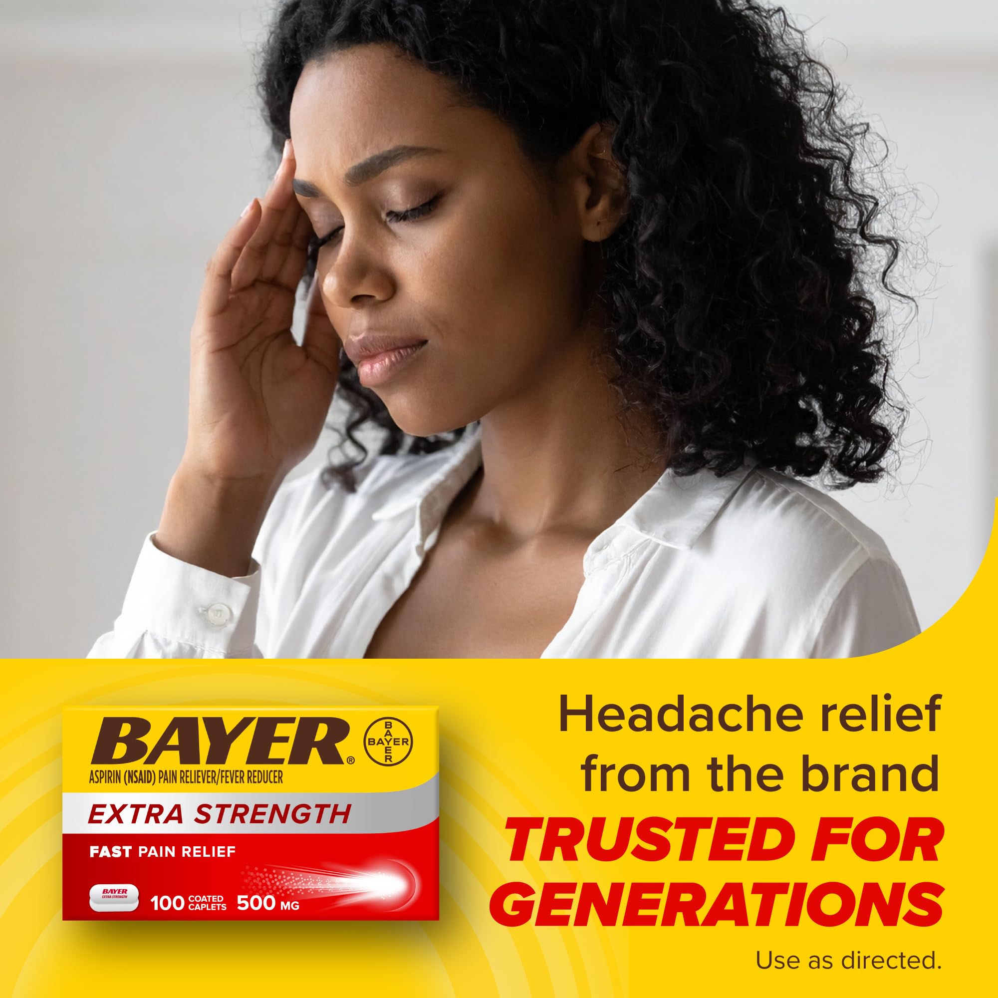 Close up of caffeine free Bayer aspirin 500mg label showing safety information
