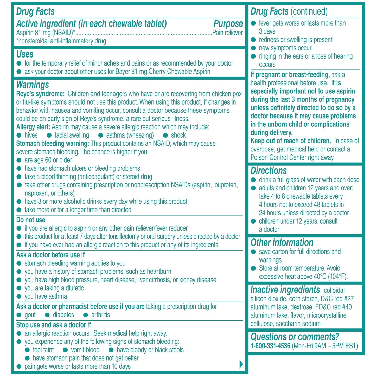 Bayer Low Dose 108 Chewable Tablets three pack bundle supplement facts view