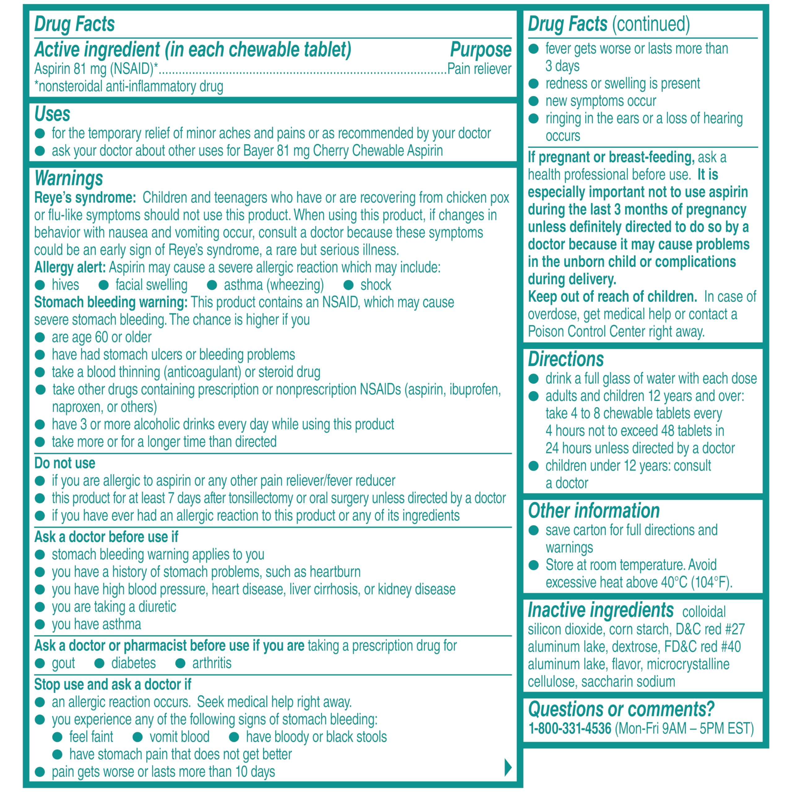 Bayer Low Dose 108 Chewable Tablets three pack bundle supplement facts view