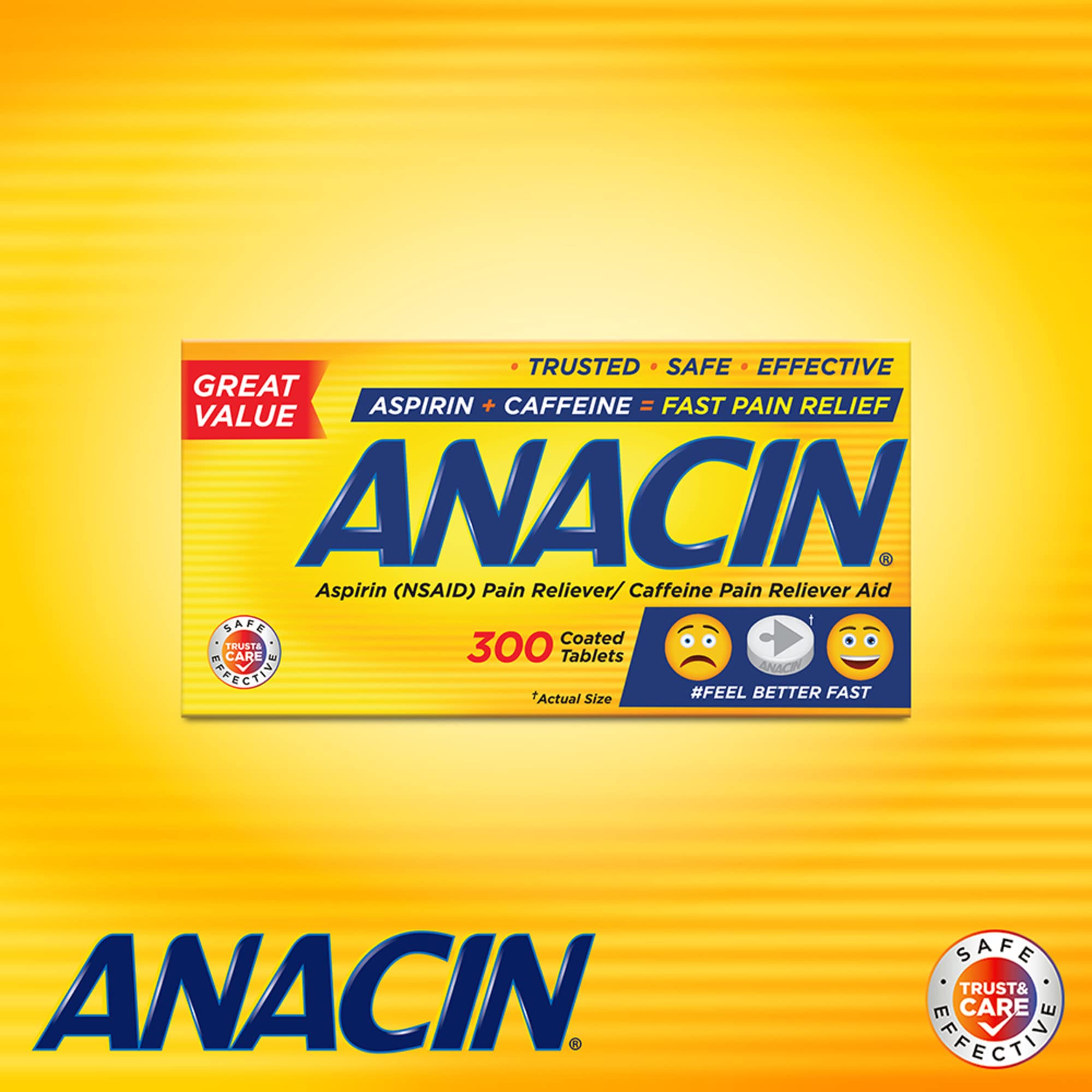 Anacin 300 count bottle displaying drug facts and active ingredients of aspirin and caffeine.
