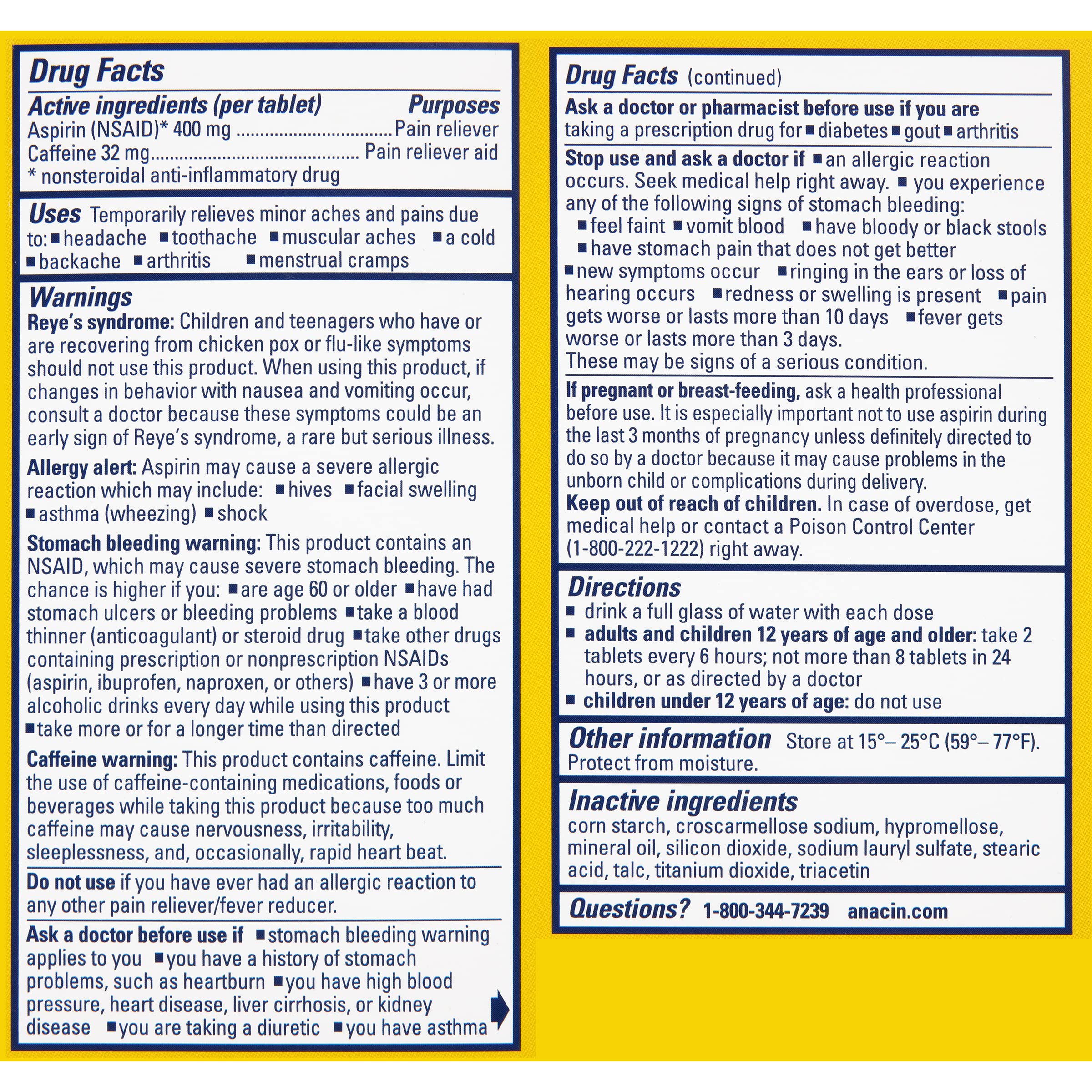 Side view of Anacin pain reliever bottle showing dosage instructions and safety warnings.