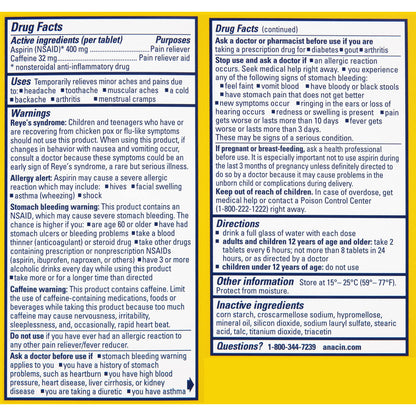 Side view of Anacin pain reliever bottle showing dosage instructions and safety warnings.