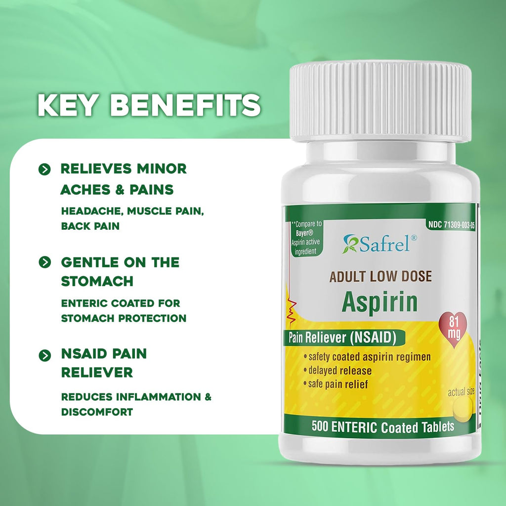 Safrel low strength aspirin 300 count packaging showing stomach protection enteric coating details