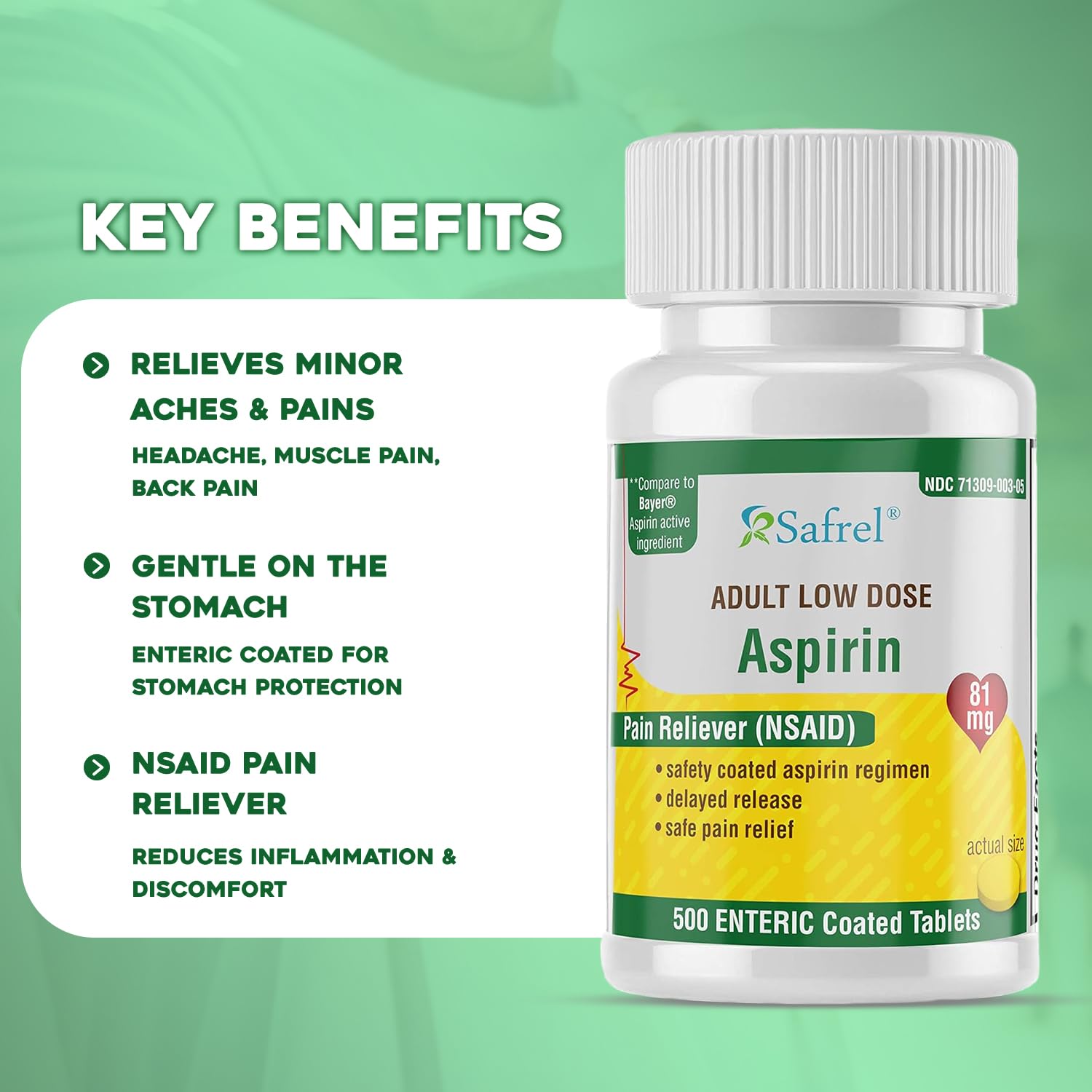 Safrel low strength aspirin 300 count packaging showing stomach protection enteric coating details