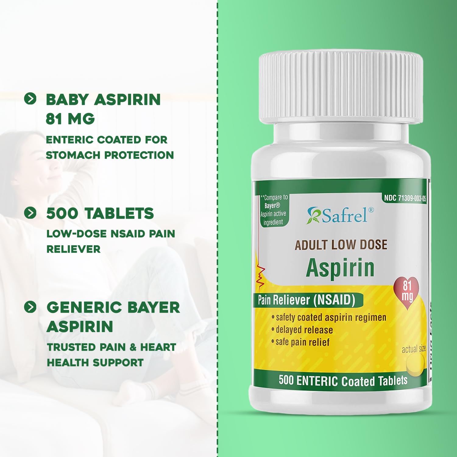 Side view of Safrel generic Bayer aspirin 81 mg bottle outlining supplement facts and usage instructions