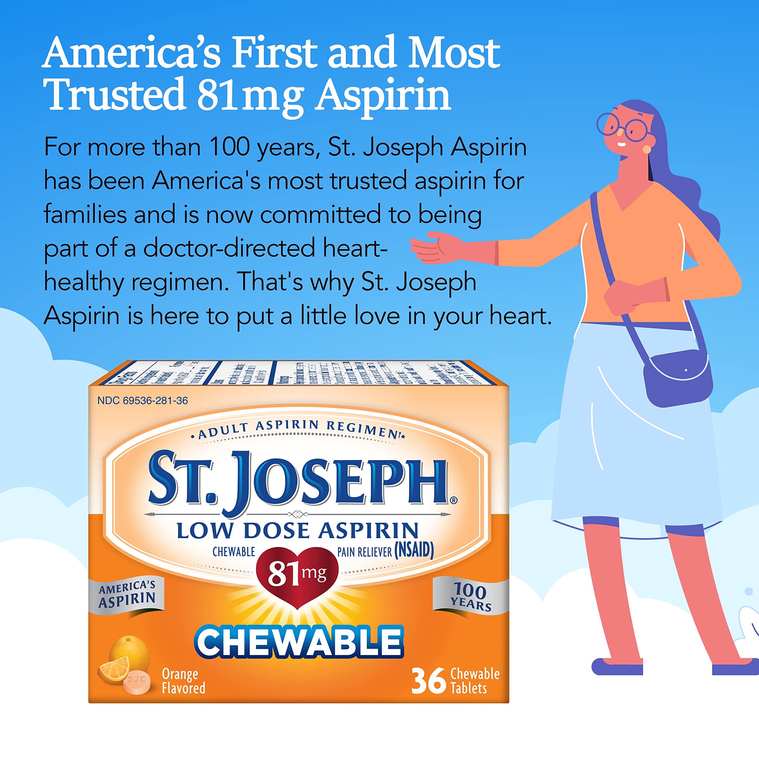 St. Joseph 81mg chewable orange tablets supplement facts and drug interaction label details.