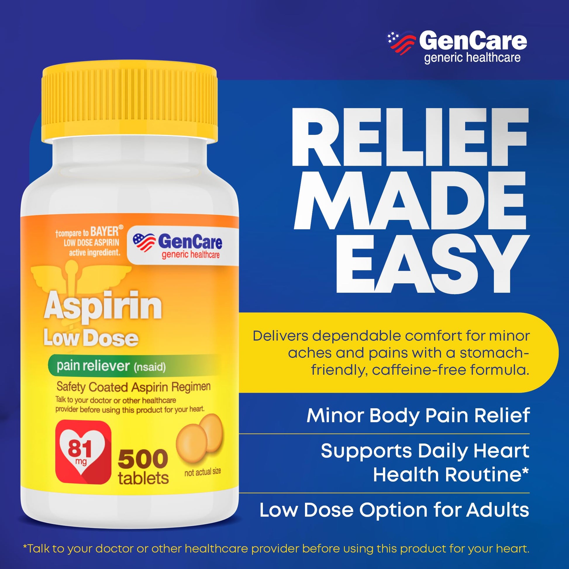 GenCare enteric coated aspirin pills supplement packaging showing active ingredients.