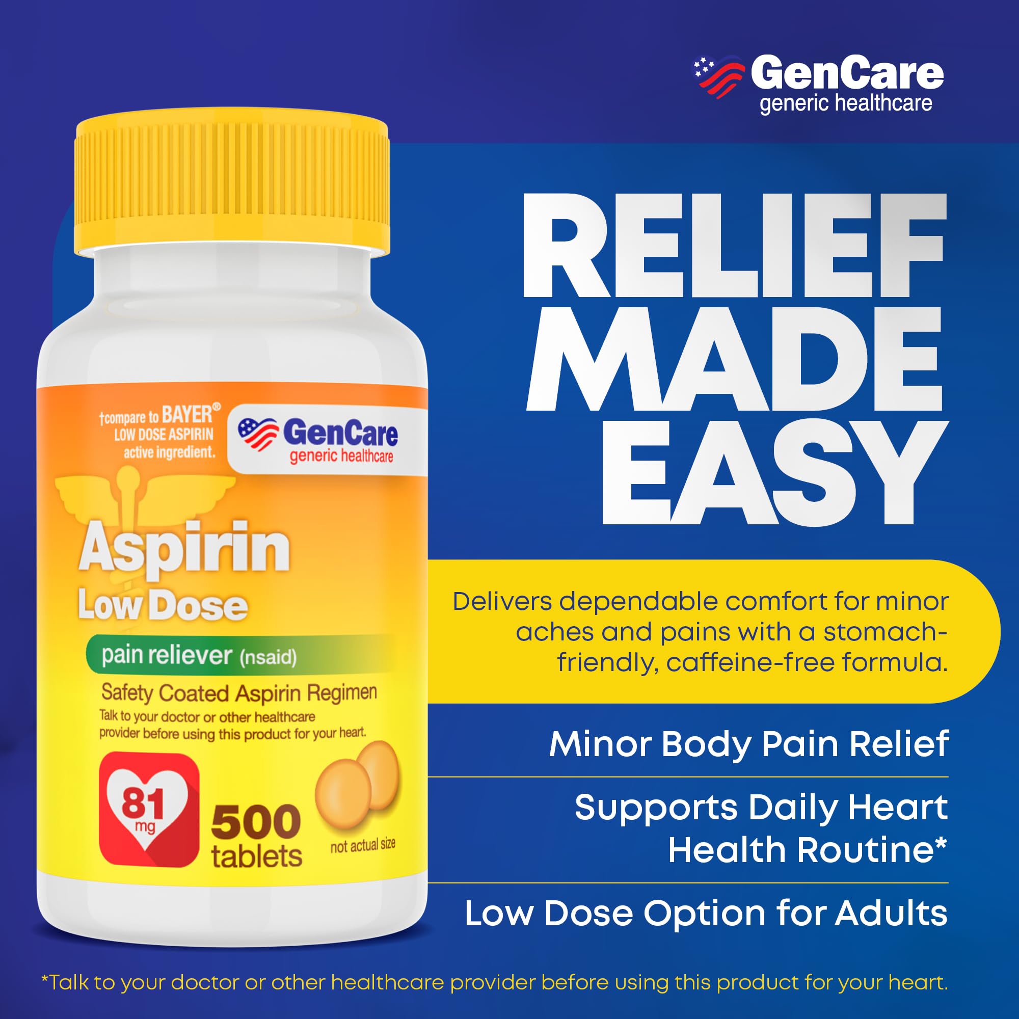 GenCare enteric coated aspirin pills supplement packaging showing active ingredients.