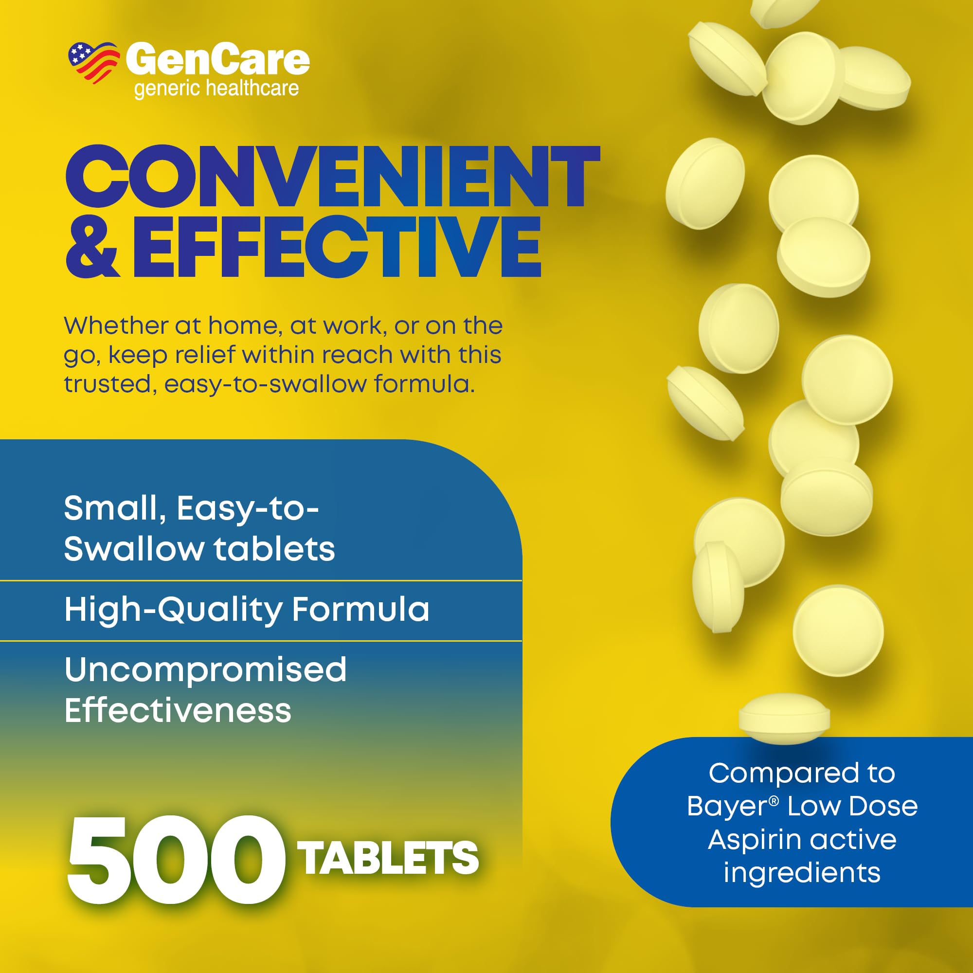 Authentic USA imported GenCare 81mg aspirin tablets bottle highlighting 500 count value.