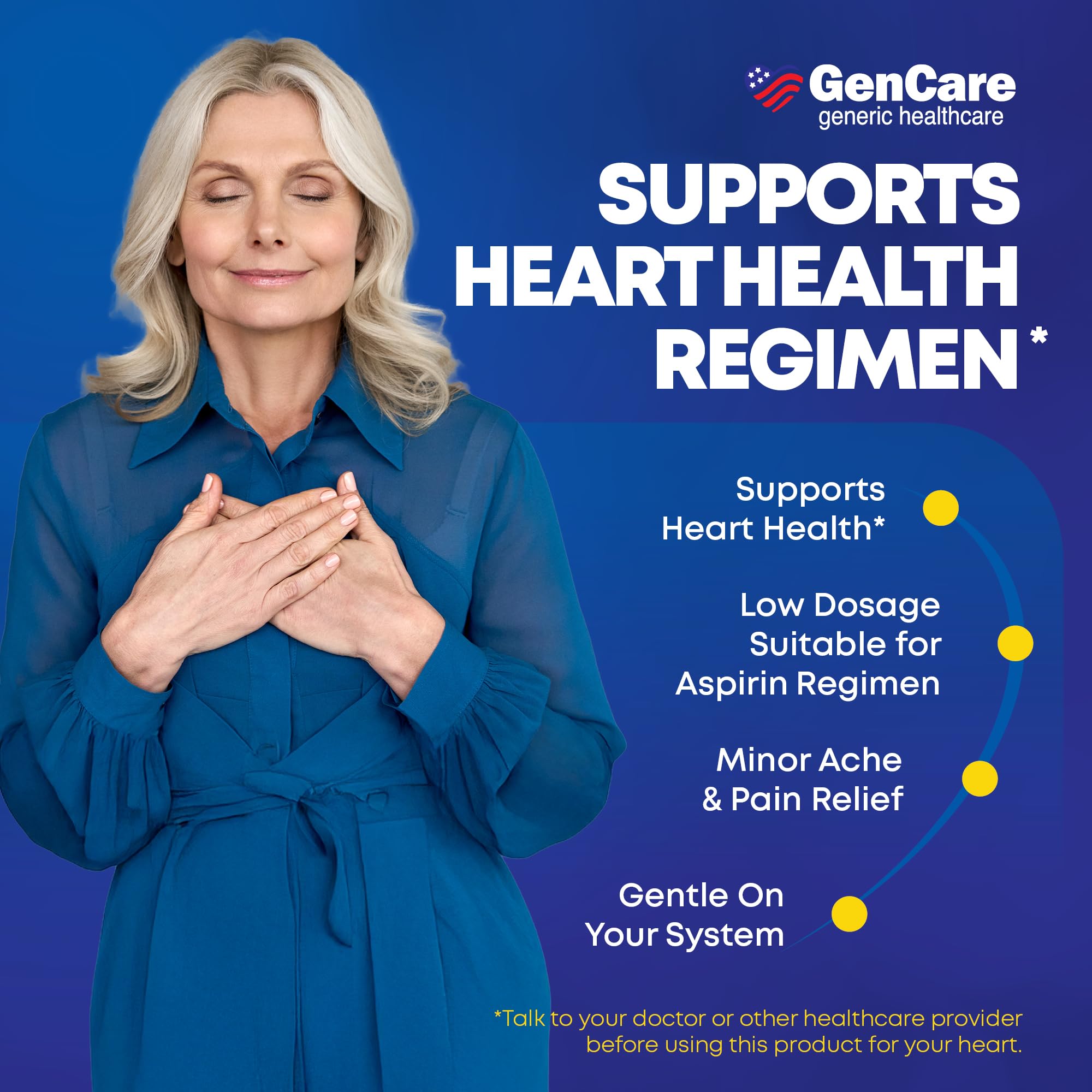 GenCare generic bayer aspirin alternative enteric coated safety tablets bottle close up.