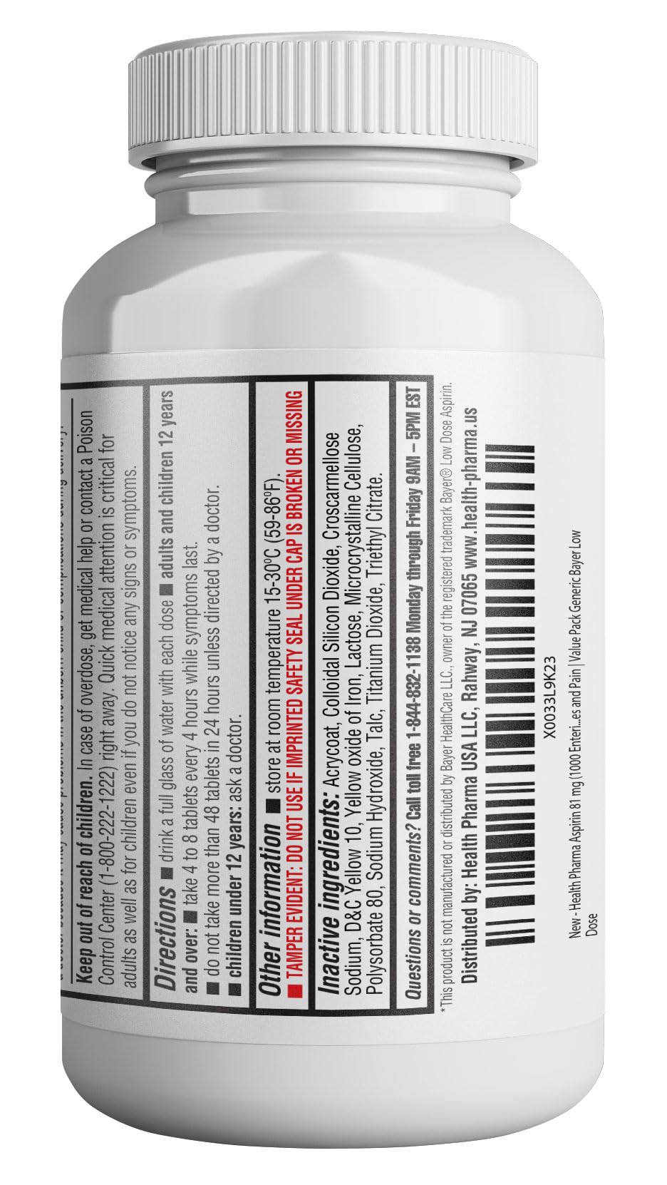 Health Pharma 1000 tablets aspirin 81 mg NSAID pain reliever label details