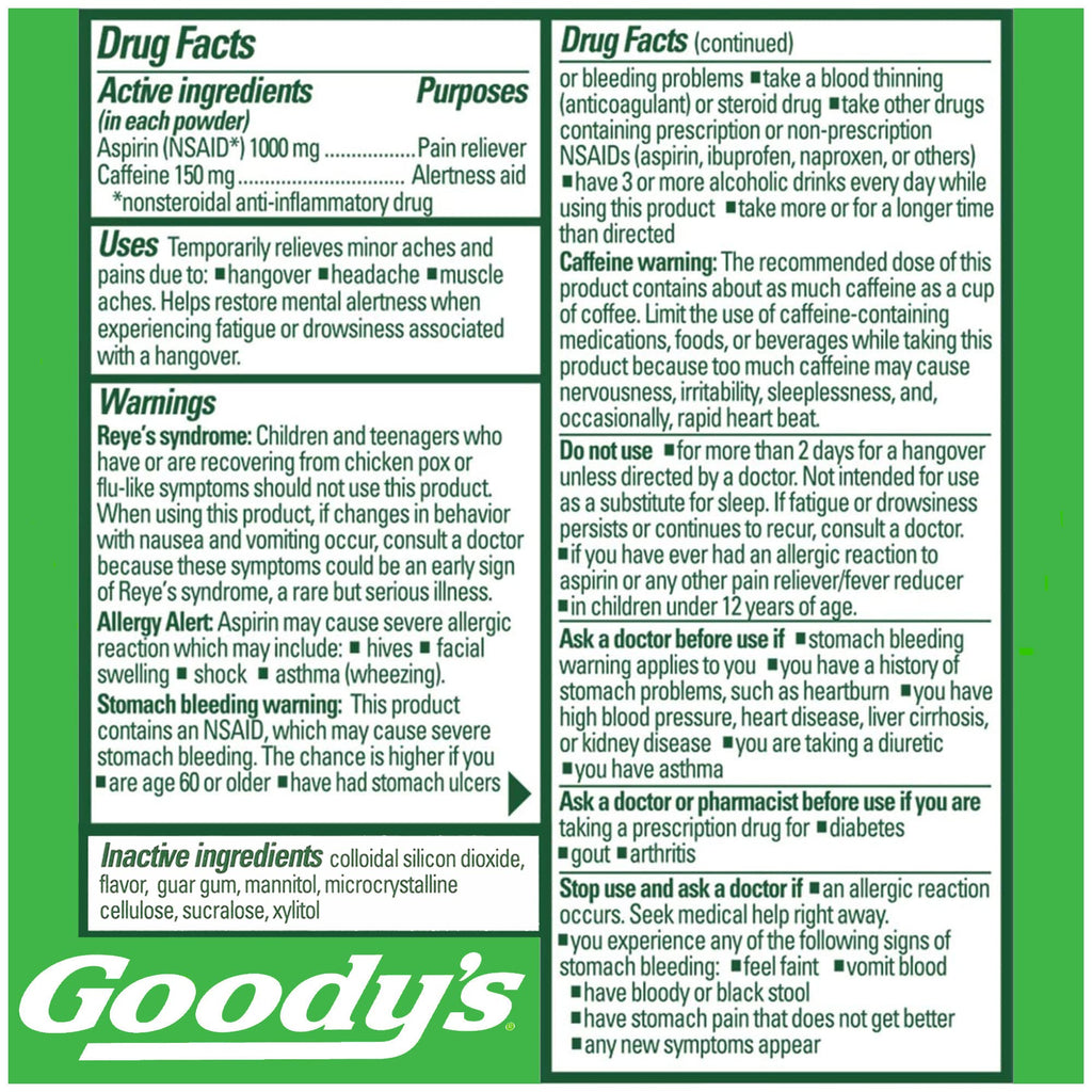 Authentic USA imported Goody's Hangover Powder box sitting on a clean surface