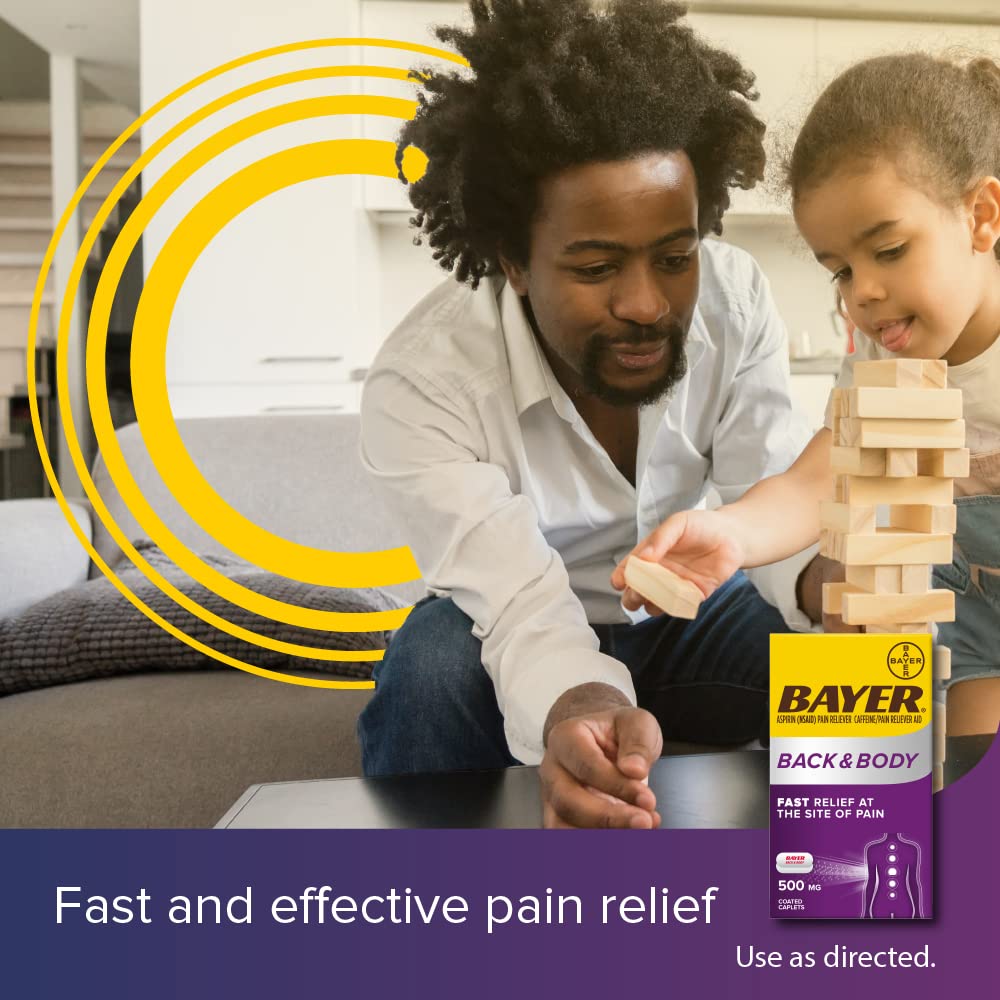 Bayer 500 milligram aspirin with caffeine for backache and muscle pain relief supplement facts label