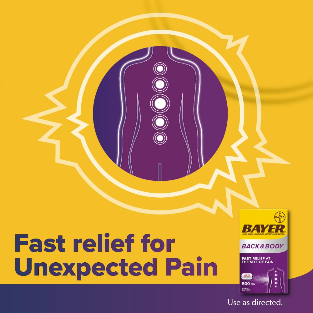 Bayer NSAID aspirin and caffeine over the counter pain reliever bottle showing directions for use