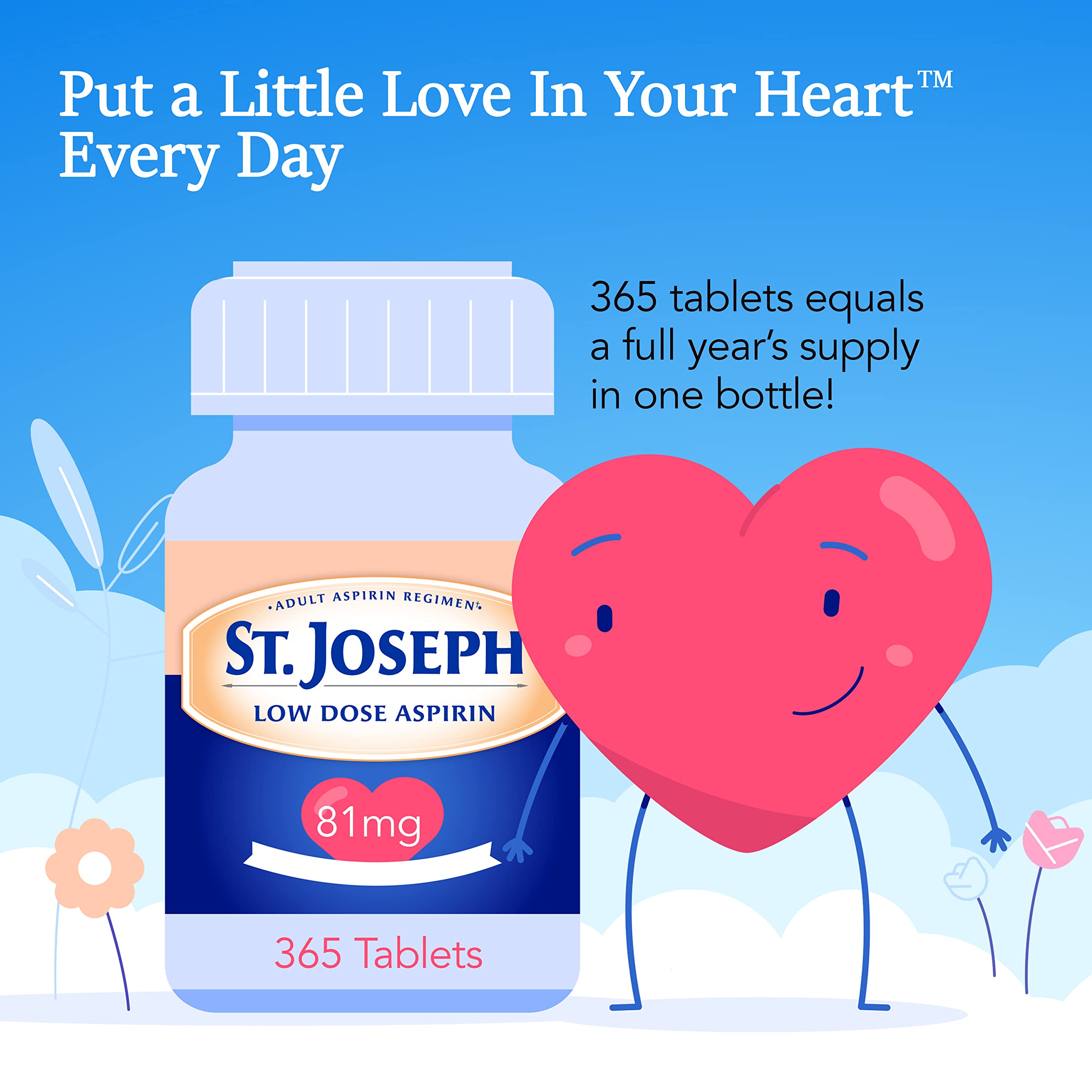 St. Joseph adult low dose aspirin eighty-one milligram bottle back label with drug facts