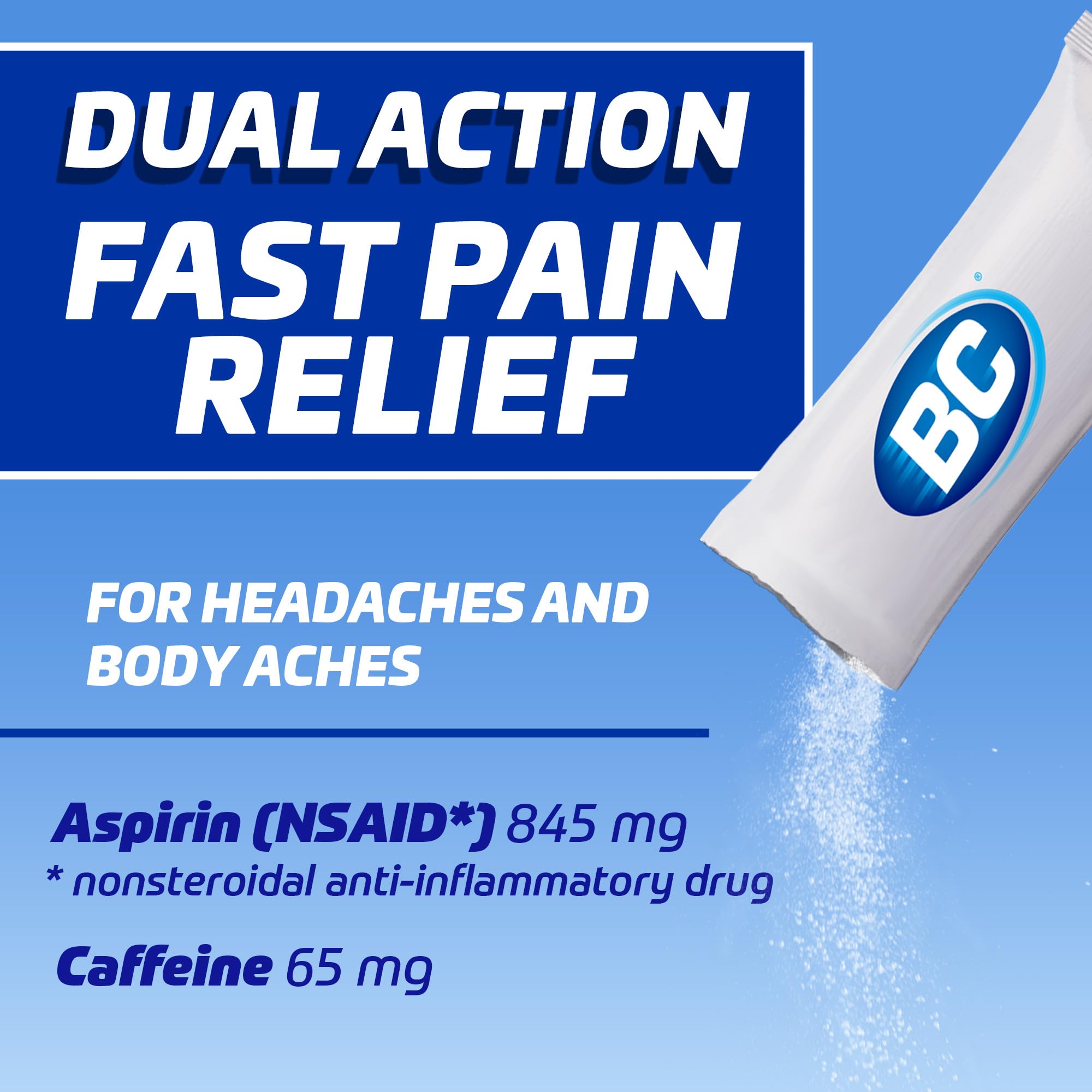 BC Powder dual action aspirin and caffeine individual stick packs close up