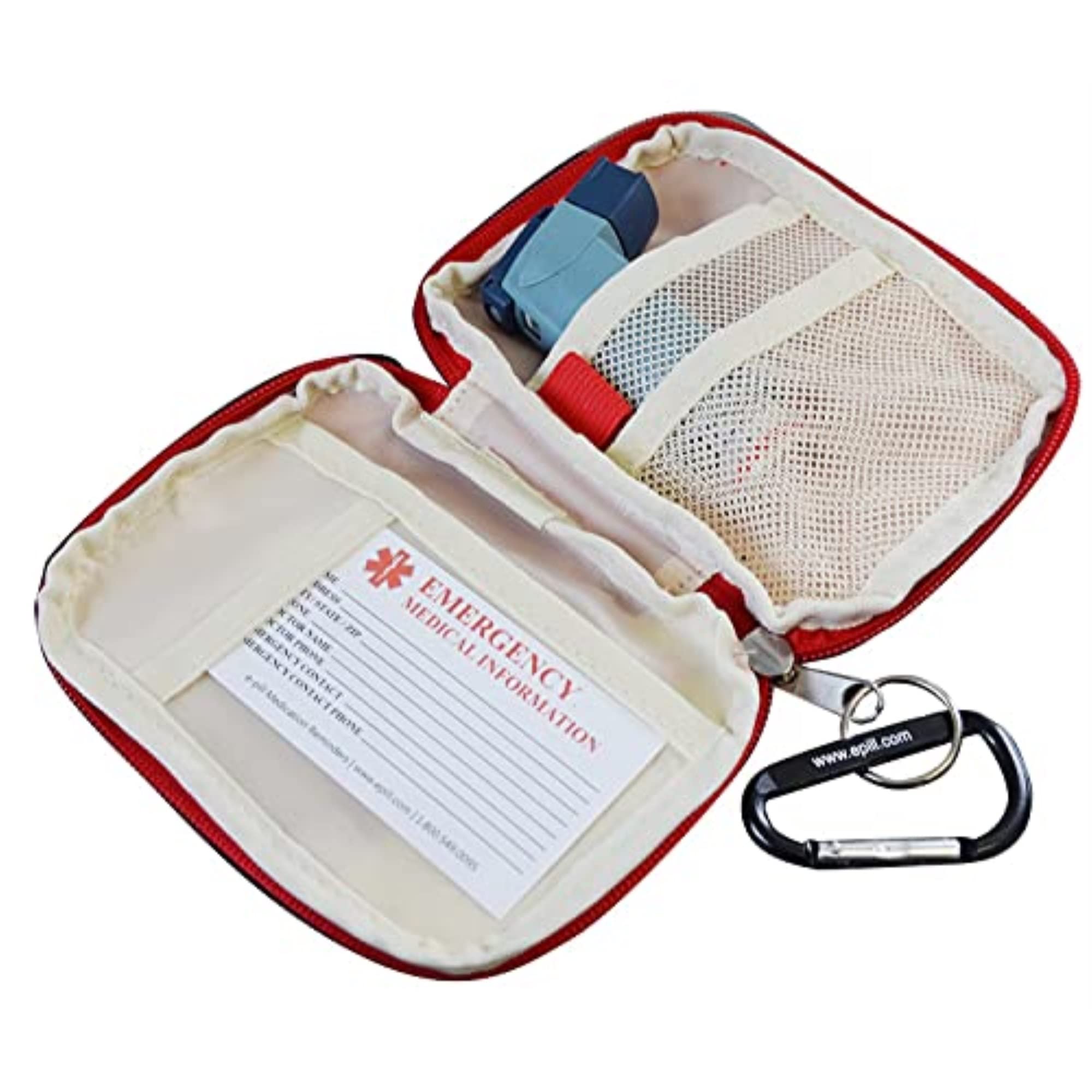 PuffMinder MedReady emergency medical storage organizer case attached to a backpack with the included carabiner clip