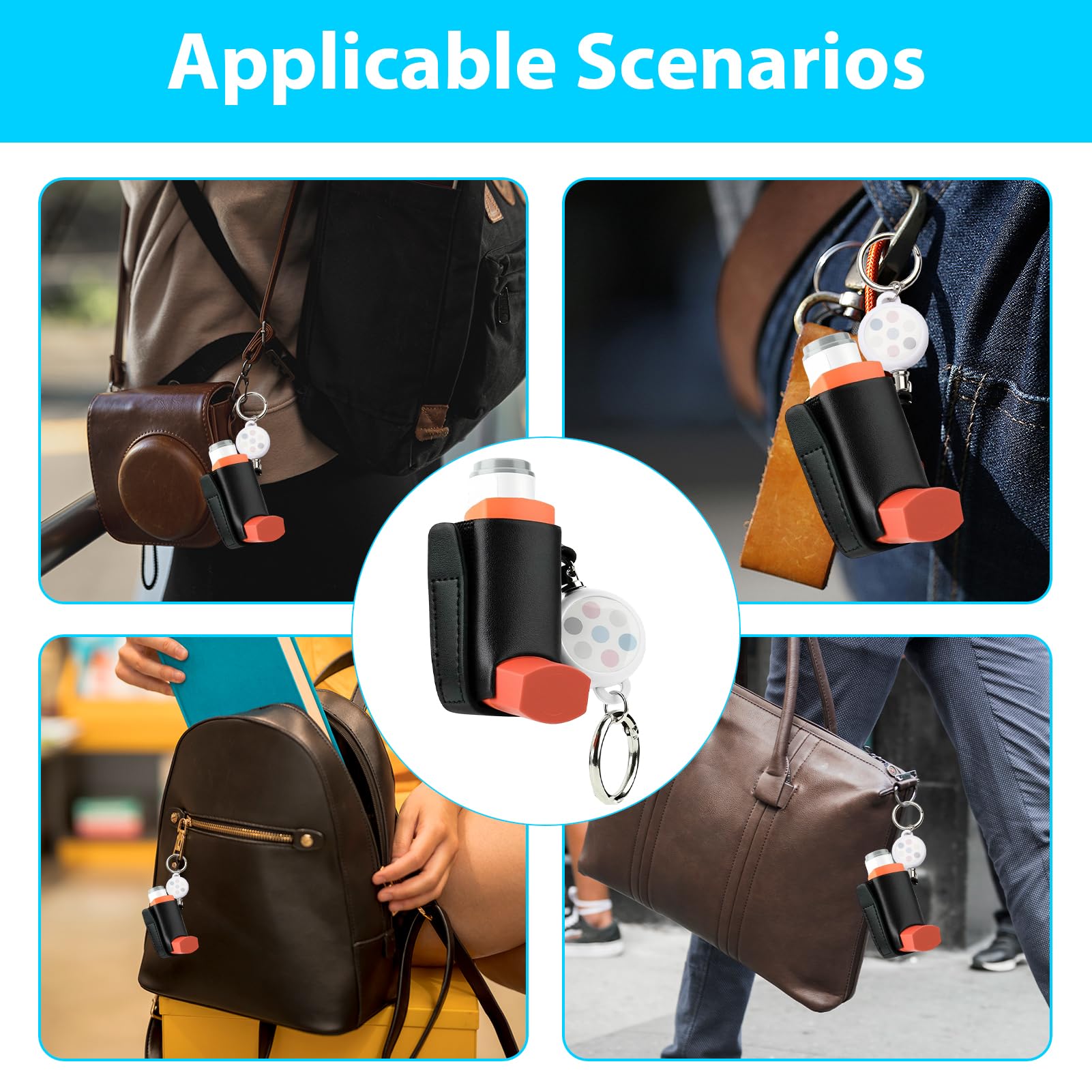 White leather asthma inhaler sleeve attached to a travel backpack