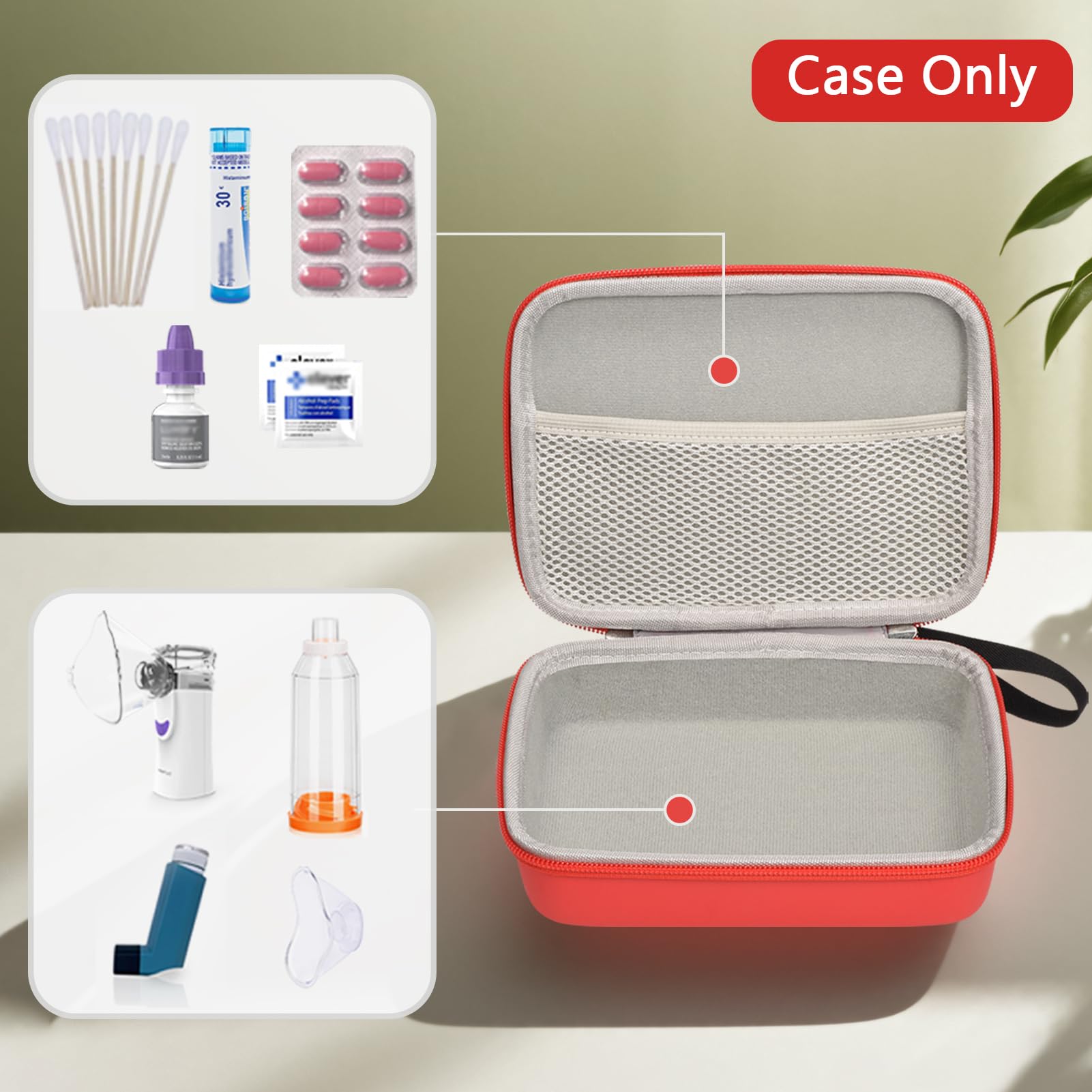 Open view of Klawdsky red asthma case showing interior mesh pocket and spacer storage