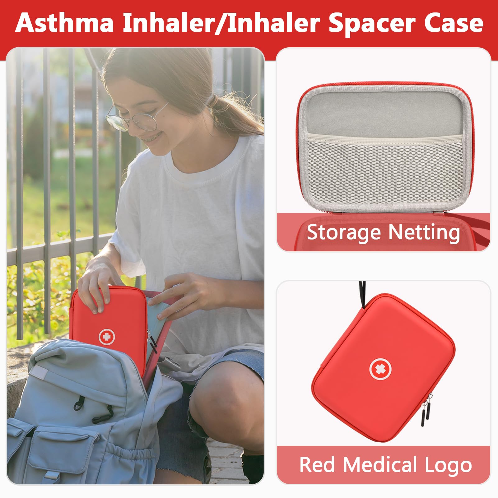Klawdsky asthma inhaler case placed inside a travel carry on backpack for portability