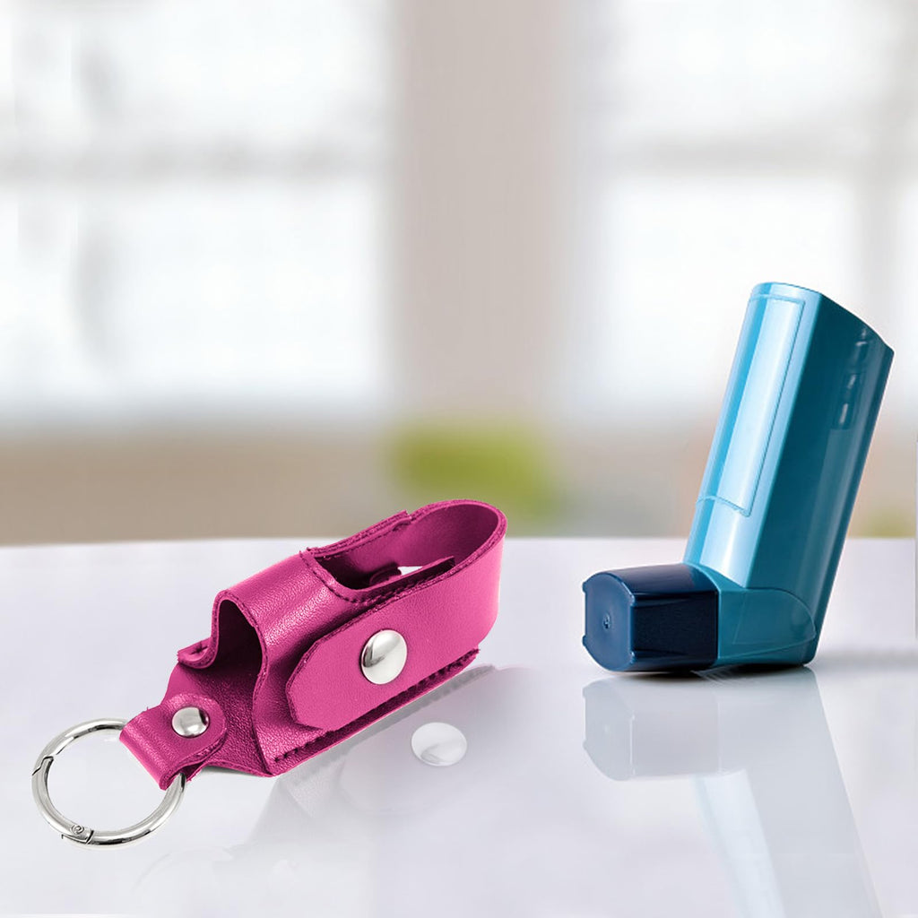 Compact PU leather inhaler storage pouch showing dimensions for travel