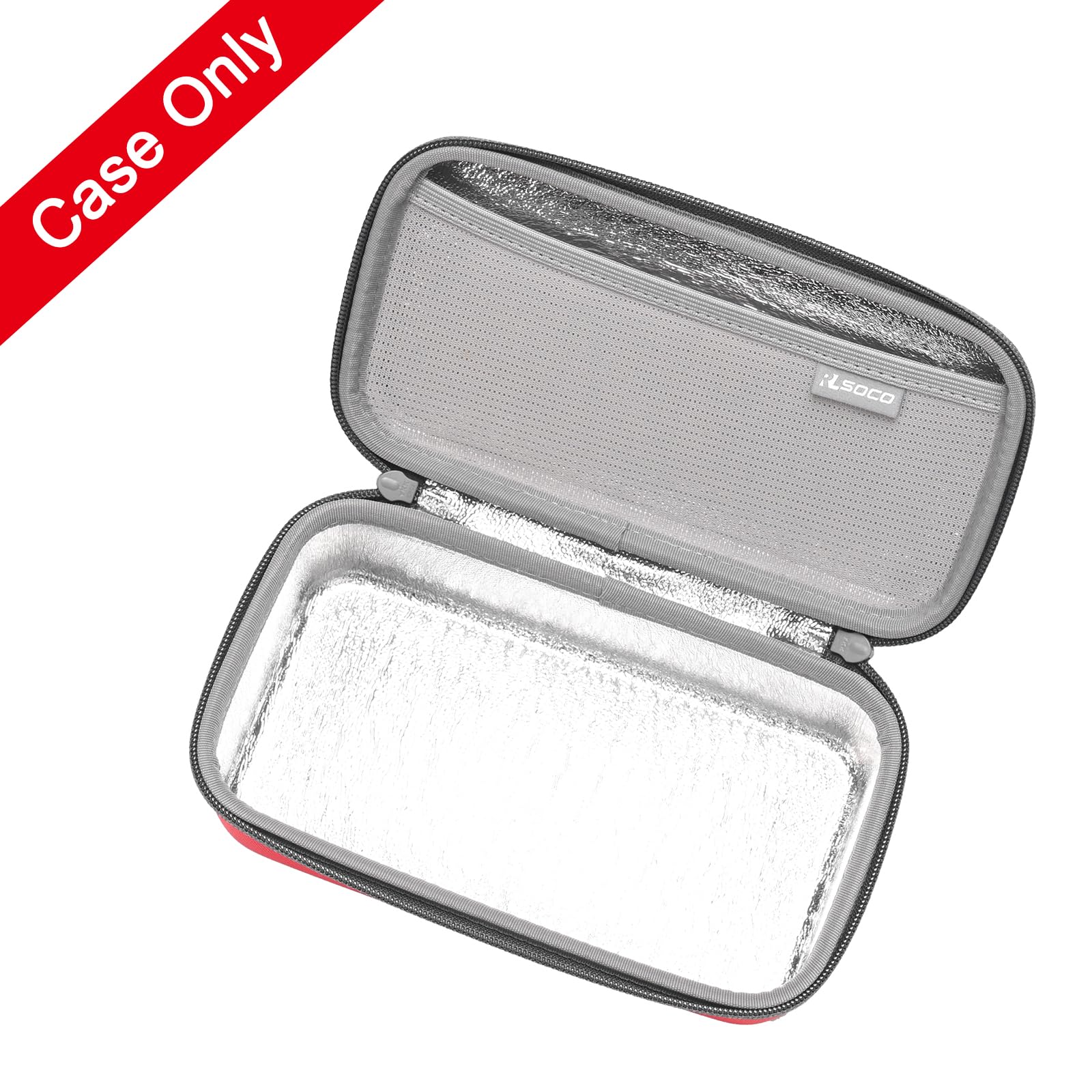 RLSOCO asthma inhaler carrying case opened up displaying the insulated aluminum foil lining and top mesh pocket.
