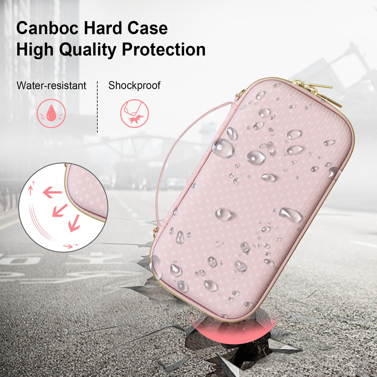 Canboc handheld spacer case pink side angle detailing the smooth dual zipper mechanism