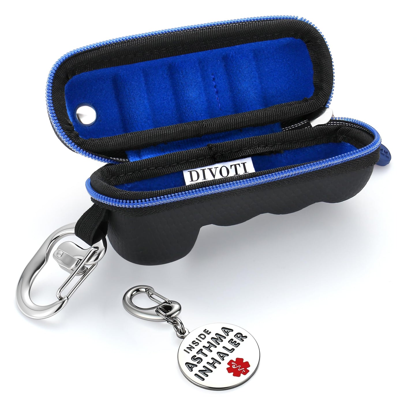 Divoti portable keychain container attached to a backpack strap securely