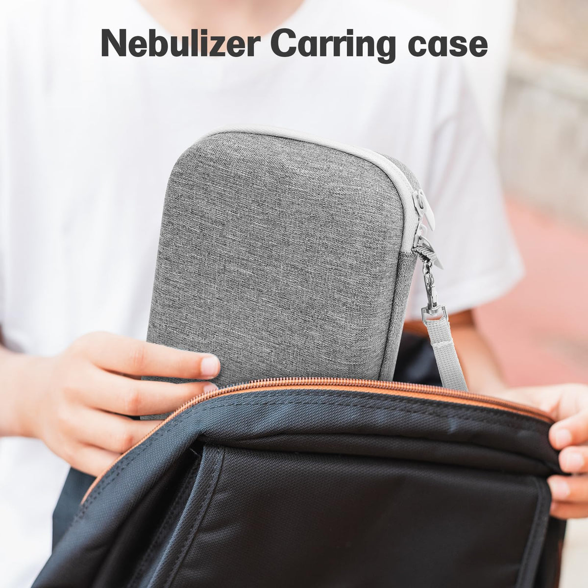 ProCase grey nebulizer travel case showing close up detail of the smooth durable closure zipper.