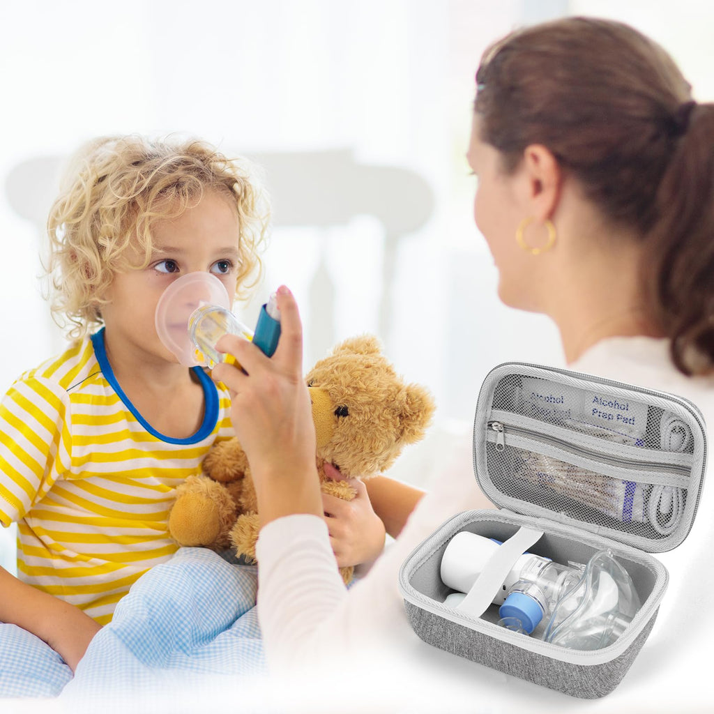 ProCase premium asthma inhaler organizer bag placed next to travel luggage showcasing its compact portable size.