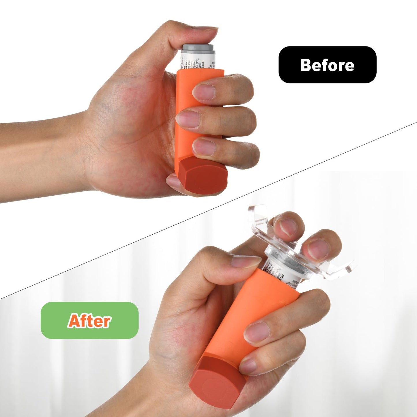 Ergonomic Beautyflier topper for small hands showing ease of pressing medication canister