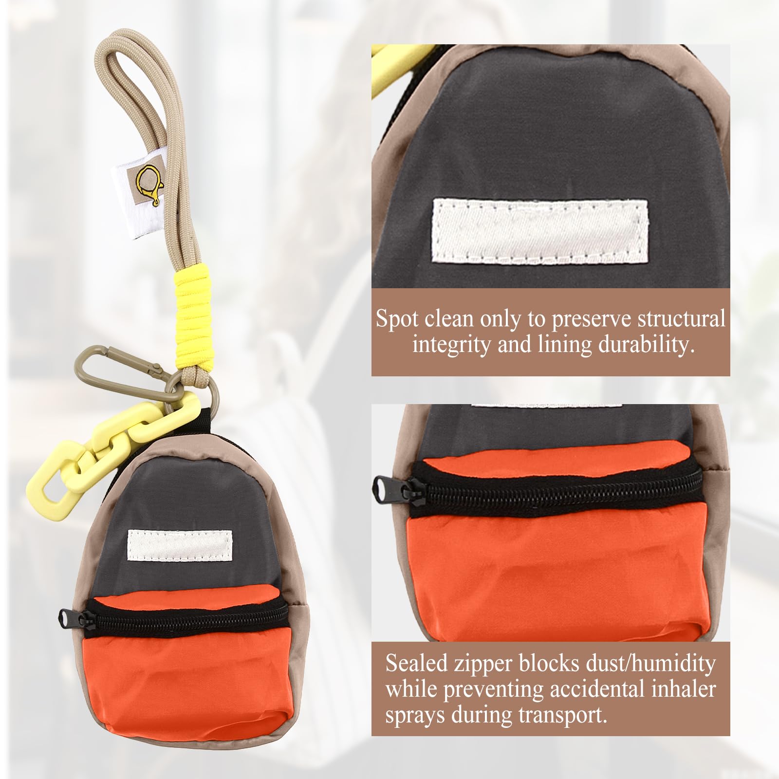 Canvas inhaler storage bag with secure metal carabiner keychain clip