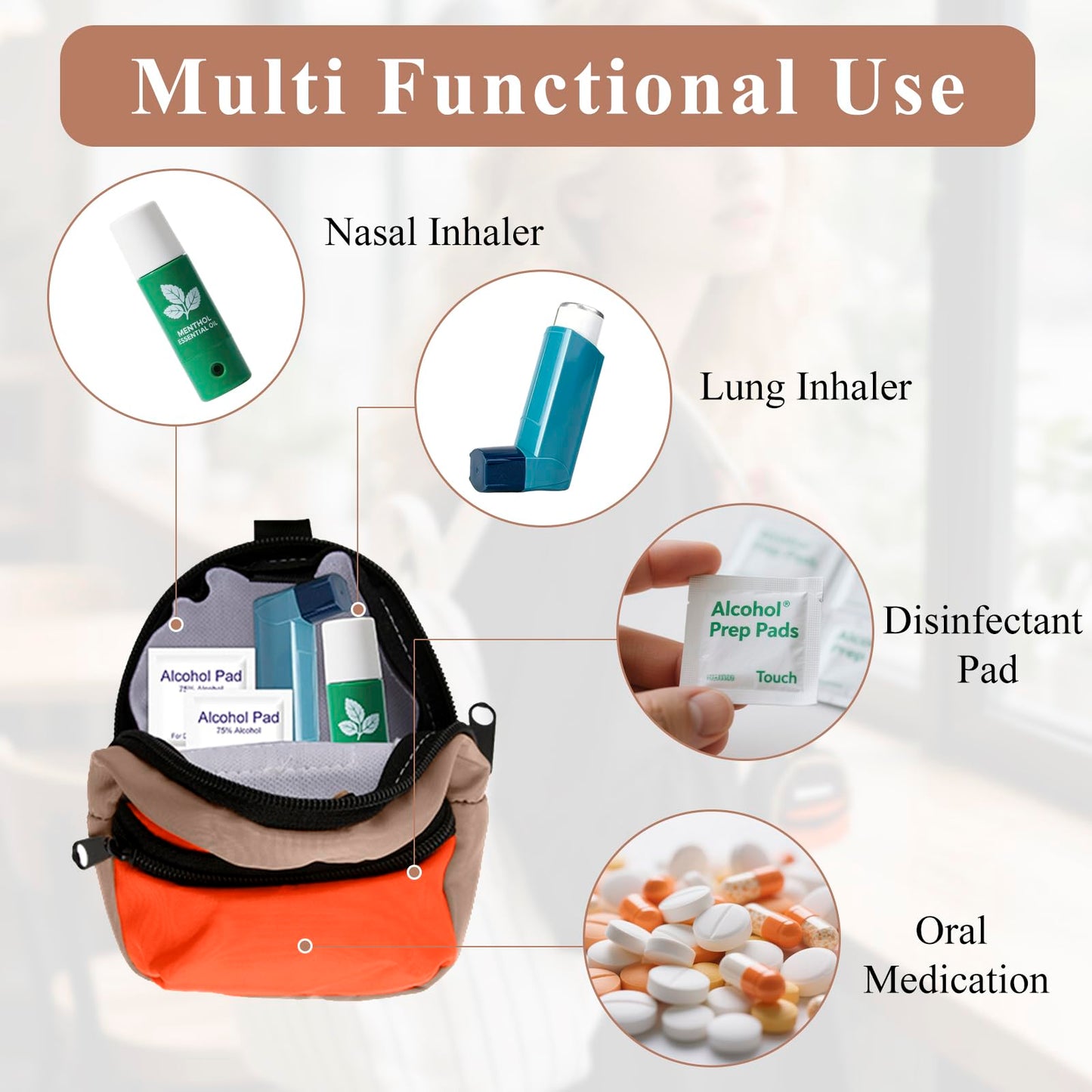 Mini backpack style medication organizer bag for kids and adults