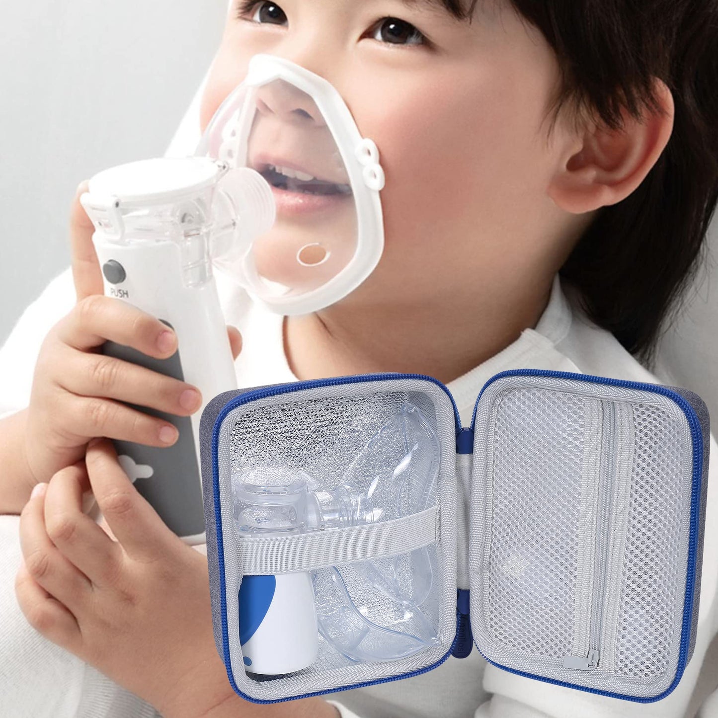 Aenllosi pediatric and adult handheld inhaler case organized with mask and accessories inside