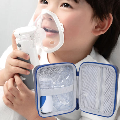 Aenllosi pediatric and adult handheld inhaler case organized with mask and accessories inside