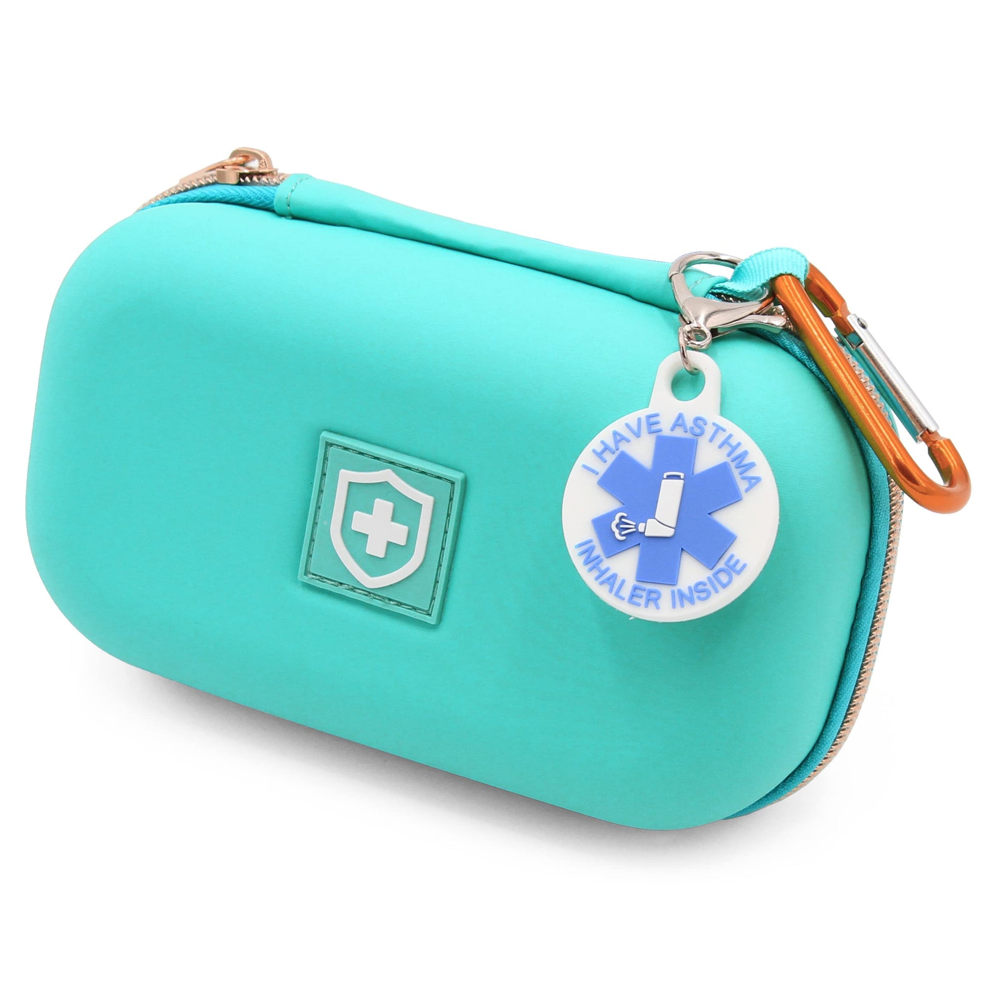 CASEMATIX hard shell medical pouch showing the included clip on carabiner and emergency identification tag