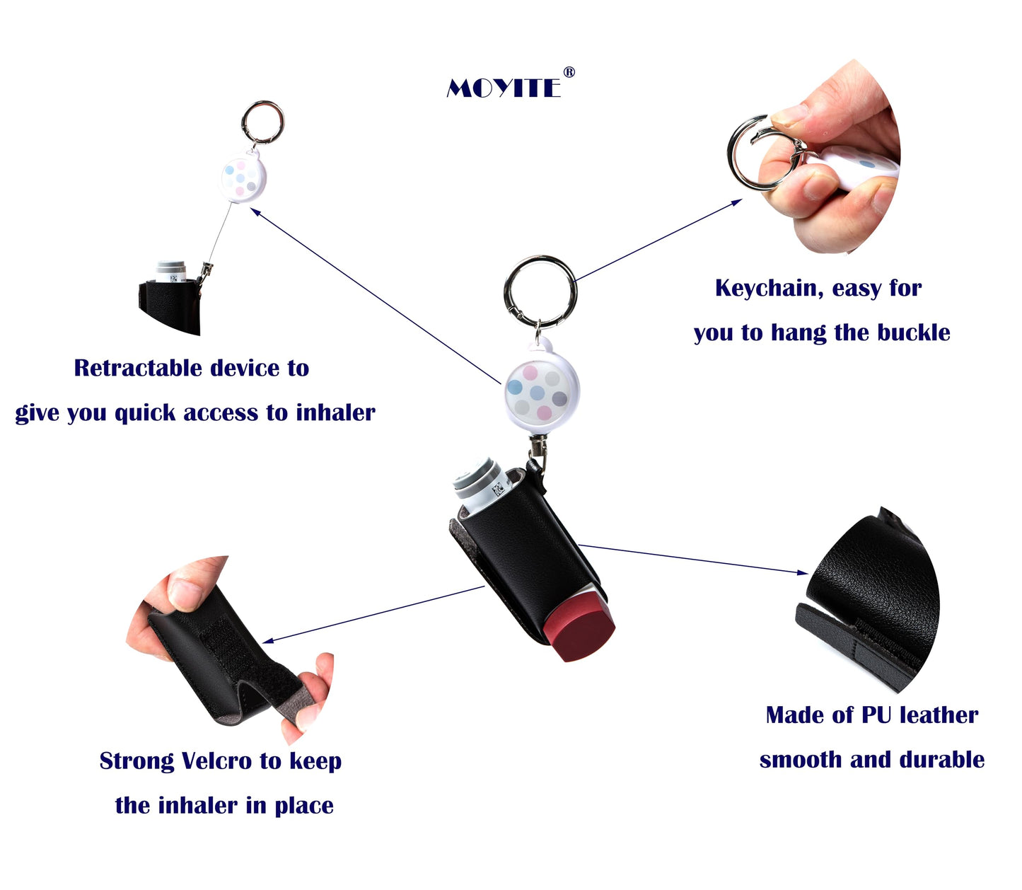Moyite portable medicine holder showcasing the retractable keychain clip extended for outdoor use