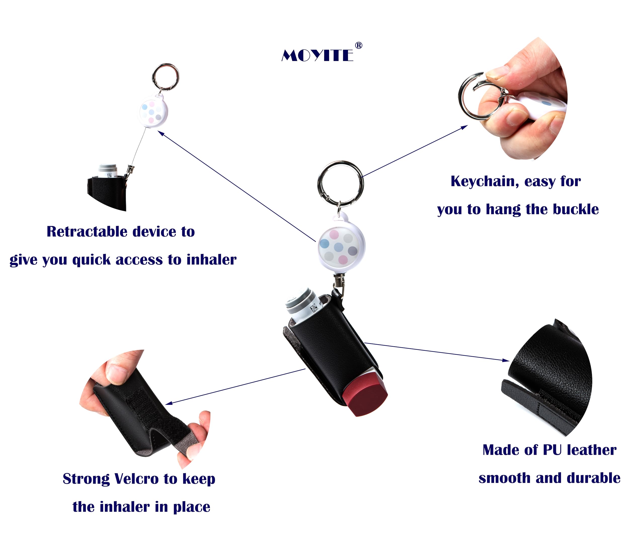 Moyite portable medicine holder showcasing the retractable keychain clip extended for outdoor use