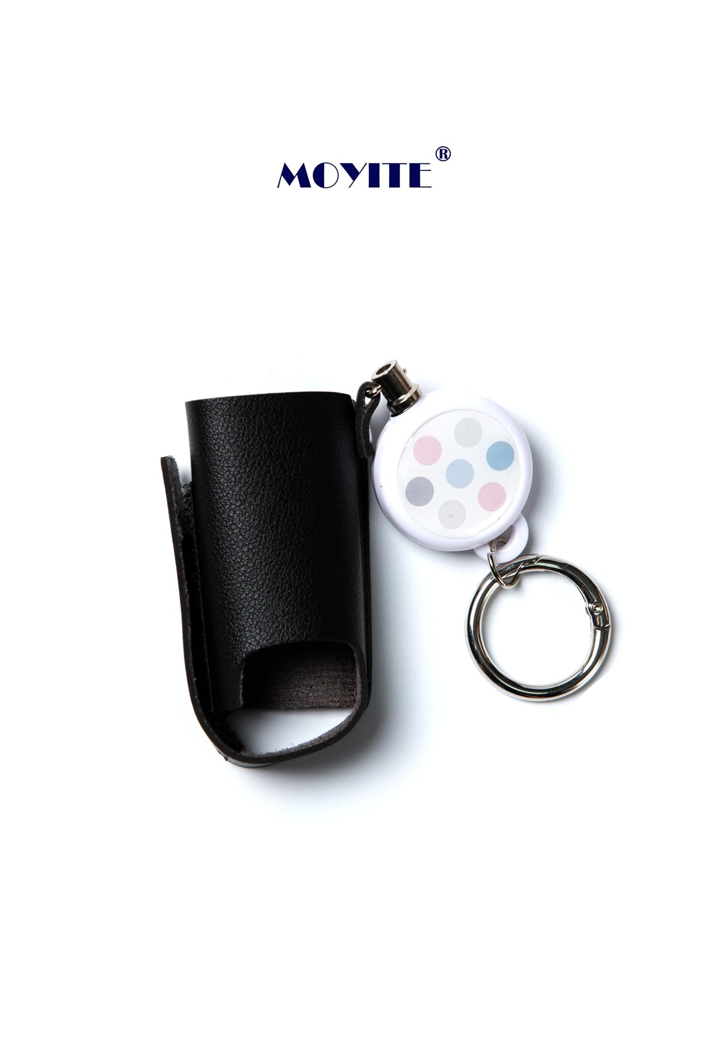 Moyite travel companion pouch attached securely to a backpack strap using the integrated metal carabiner