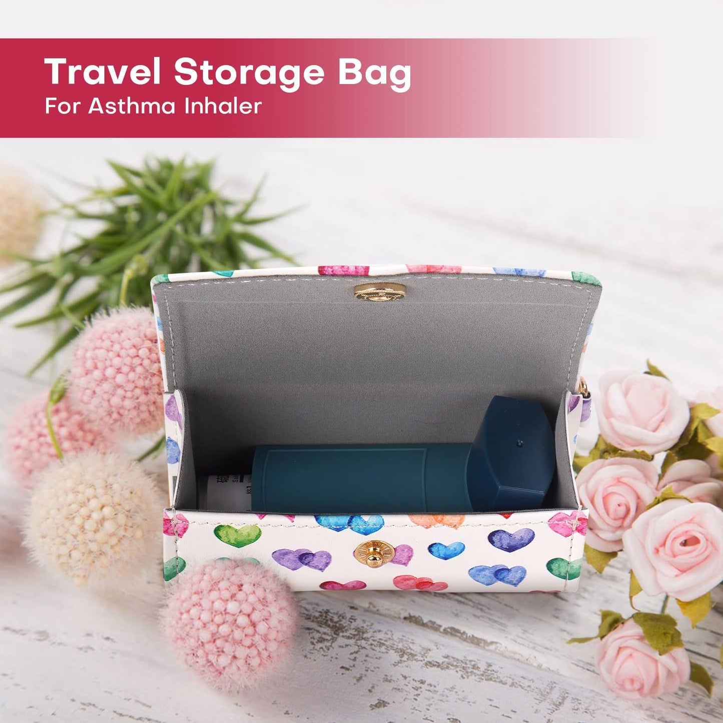 MGZNMTY heart design inhaler sleeve clipped to a travel backpack